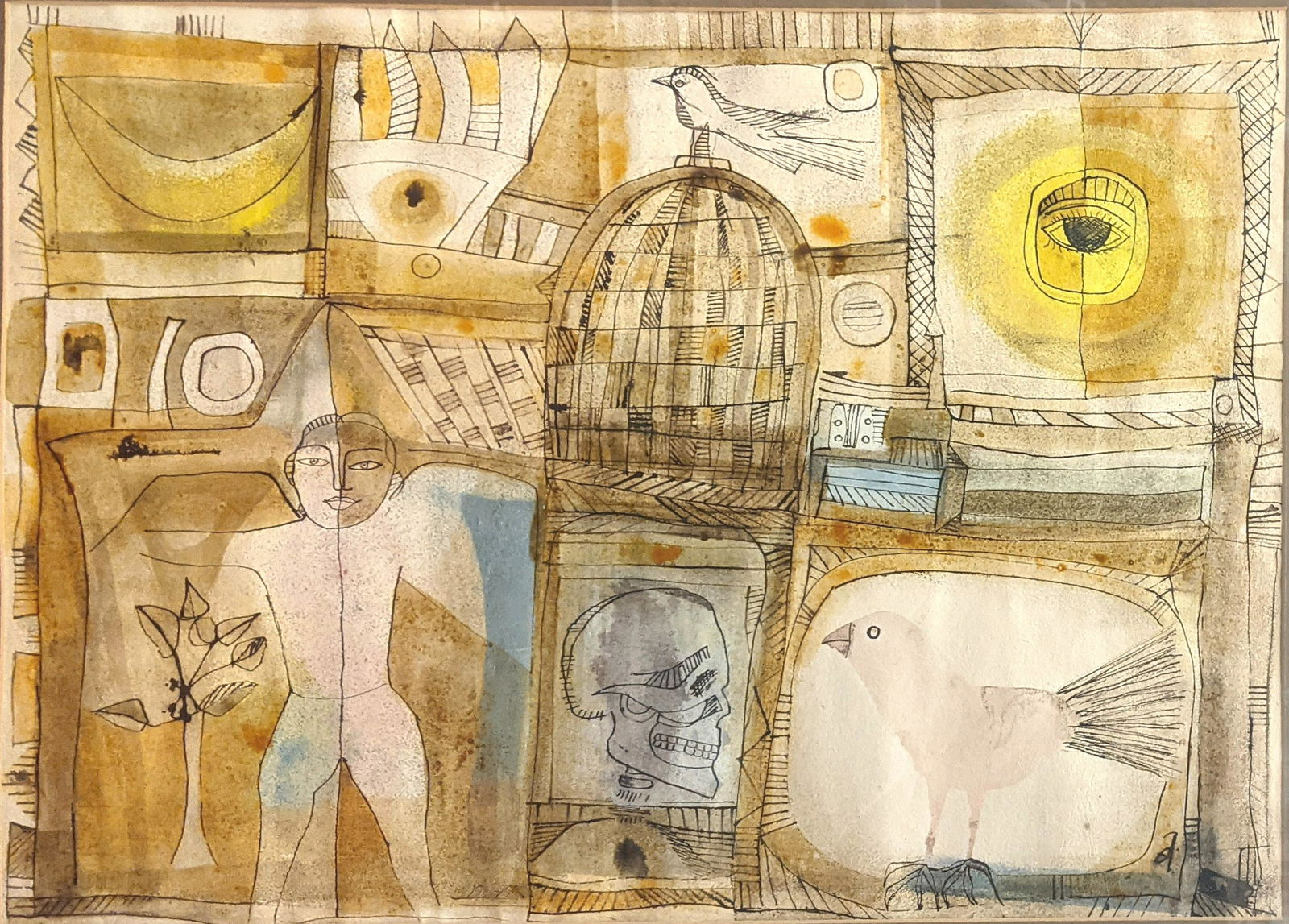 BADRI NARAYAN (Indian, 1929 - 2013). The Scholar, circa 1965, Watercolor and ink on paper.: BADRI NARAYAN (Indian, 1929 - 2013). The Scholar, circa 1965, Watercolor and ink on paper. Signed lower right hand corner. Framed. Not examined out of frame.