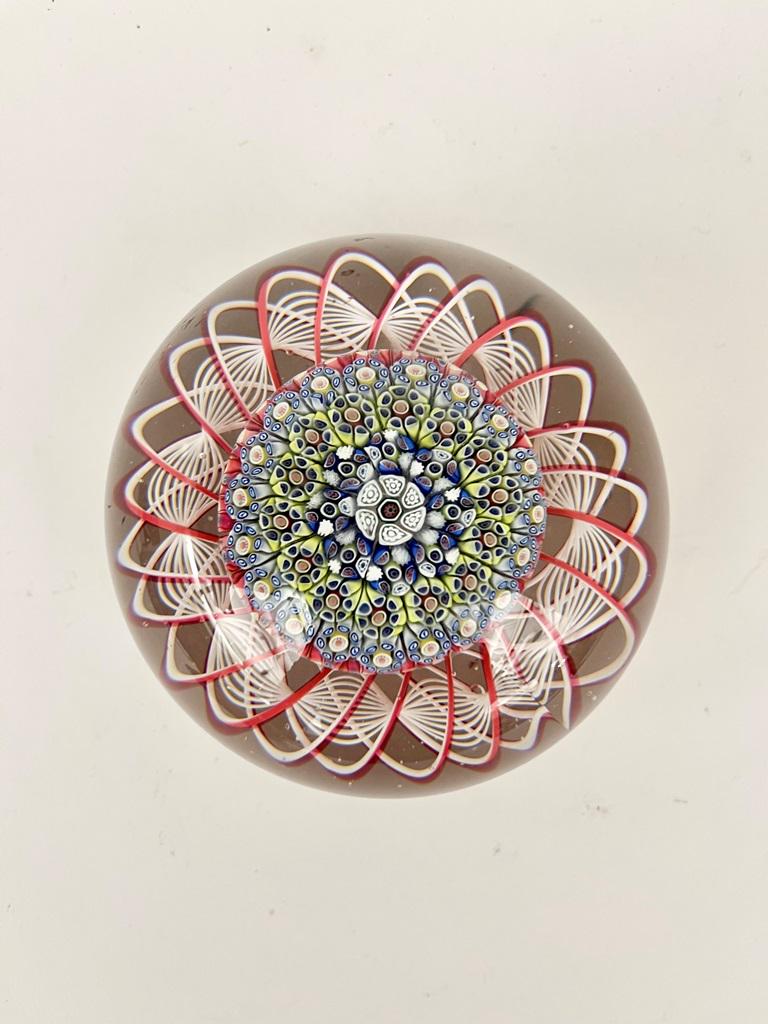 COLORLESS CRYSTAL BUN-SHAPE PAPERWEIGHT WITH MILLEFIORI DECORATION. (1 of 3)