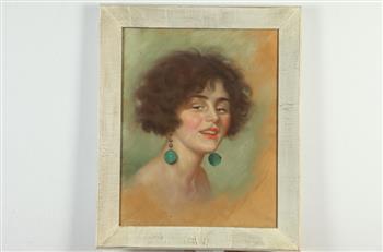 AMERICAN SCHOOL (Mid-20th Century). Lady with Green Earrings, Pastel on paper. Undecipherable (1 of 2)
