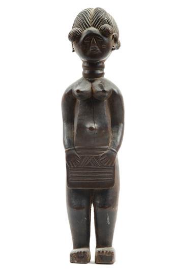 AFRICAN POSSIBLY BAULE DECORATED WOODEN FEMALE STATUE. - Height: 14.5 inches. (1 of 7)