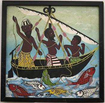 NOEL KAPANDA (Tanzanian, born 1964). The Happy Fishermen, Oil on masonite. Signed "Mr. Noel.": NOEL KAPANDA (Tanzanian, born 1964). The Happy Fishermen, Oil on masonite. Signed "Mr. Noel." Framed. - 11" x 11"