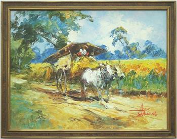 AGUS SUBANDI (Indonesian, born, 1980). Rural Life, Oil on canvas. Signed lower right. Framed. . (1 of 3)