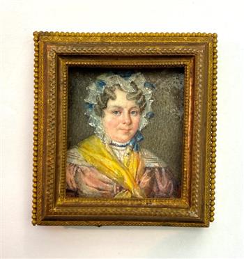 AMERICAN SCHOOL (18th / 19th Century). Portrait of a Young Woman, Watercolor and gouache on board.: AMERICAN SCHOOL (18th / 19th Century). Portrait of a Young Woman, Watercolor and gouache on board. With a verso notation indicating that it is "Mrs. Madison." Framed under glass in a period brass fram