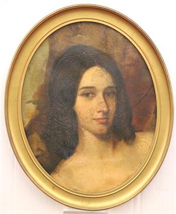 AMERICAN SCHOOL (Late 19th Century). The Blue Eyed Lady, Oil on canvas. Framed. Unsigned.: AMERICAN SCHOOL (Late 19th Century). The Blue Eyed Lady, Oil on canvas. Framed. Unsigned. - 14.75" x 11.5"; Frame: 17.5" x 14.5"