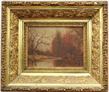 AMERICAN SCHOOL (Late 19th Century). Fall Landscape, Oil on board. Signed with monogram "ME" (1 of 15)