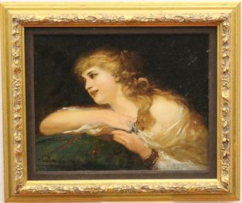 FOLLOWER OF PIERRE OLIVIER JOSEPH COOMANS (Belgium, 1816 - 1889). Portrait of a Woman, Twentieth: FOLLOWER OF PIERRE OLIVIER JOSEPH COOMANS (Belgium, 1816 - 1889). Portrait of a Woman, Twentieth century oil on board artwork. Signed "N Cooman" lower left hand corner. Framed. - 7.5" x 9.5"; Frame: 1