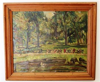 GERTRUD SAX-BERNHARD (American, 1885 - 1962). Sunday Lunch at the Park, Oil on Canvas. Signed lower (1 of 4)