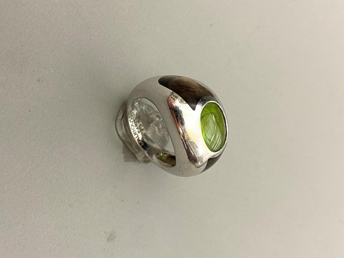 SIGNED MAUBOUSSIN/PARIS 18K (750) WHITE GOLD, PERIDOT AND MOTHER-OF-PEARL DOME RING, - Ring size: 6; (1 of 9)