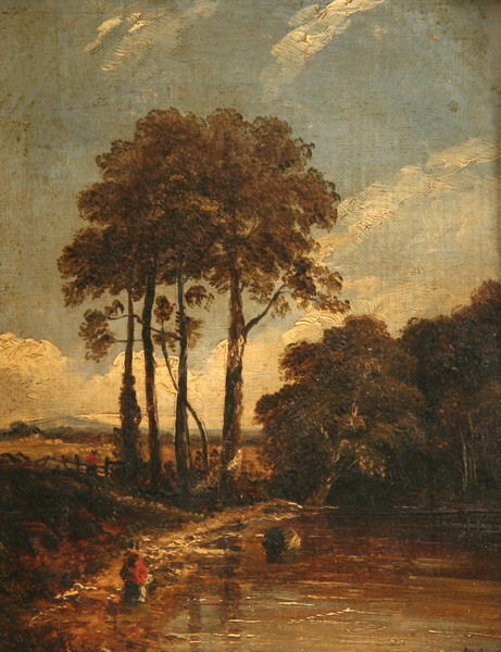 SCHOOL OF JOHN CONSTABLE (English 1776-1837). FIG: SCHOOL OF JOHN CONSTABLE (English 1776-1837). FIGURES NEAR A POND, initialed J. C." lower right. Oil on canvas - 10 in. x 8 in."
