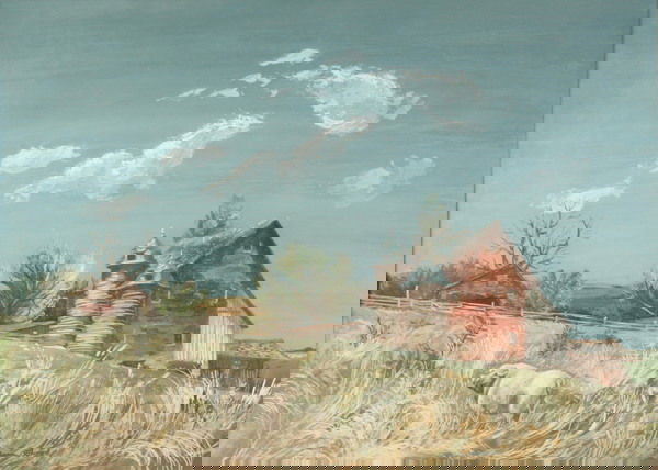 AARON BOHROD (American, 1907-1992). THE FARM, sig: AARON BOHROD (American, 1907-1992). THE FARM, signed lower right. Gouache - 14 in. x 16 in.