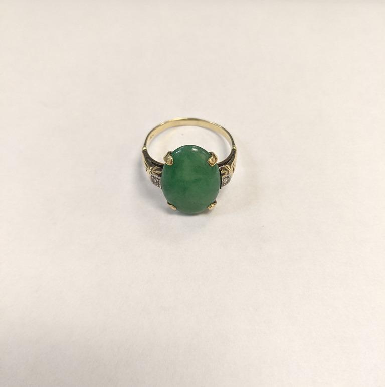 14K YELLOW AND WHITE GOLD, APPLE GREEN JADE AND DIAMOND RING, - Ring size: 7 1/2. (1 of 6)