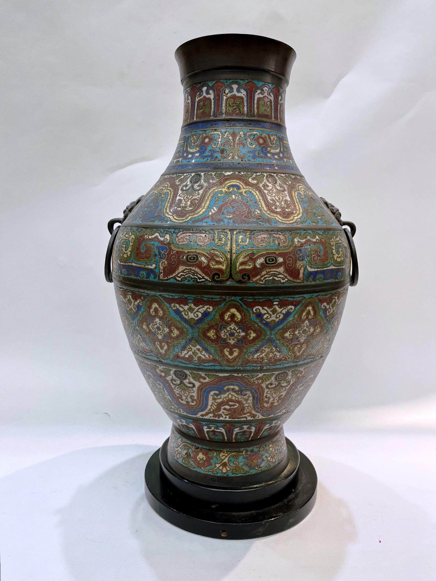 CHINESE ENAMEL BRONZE BALUSTER-FORM VASE WITH LOOSE RNG HANDLES, - H: 21 in. (1 of 5)