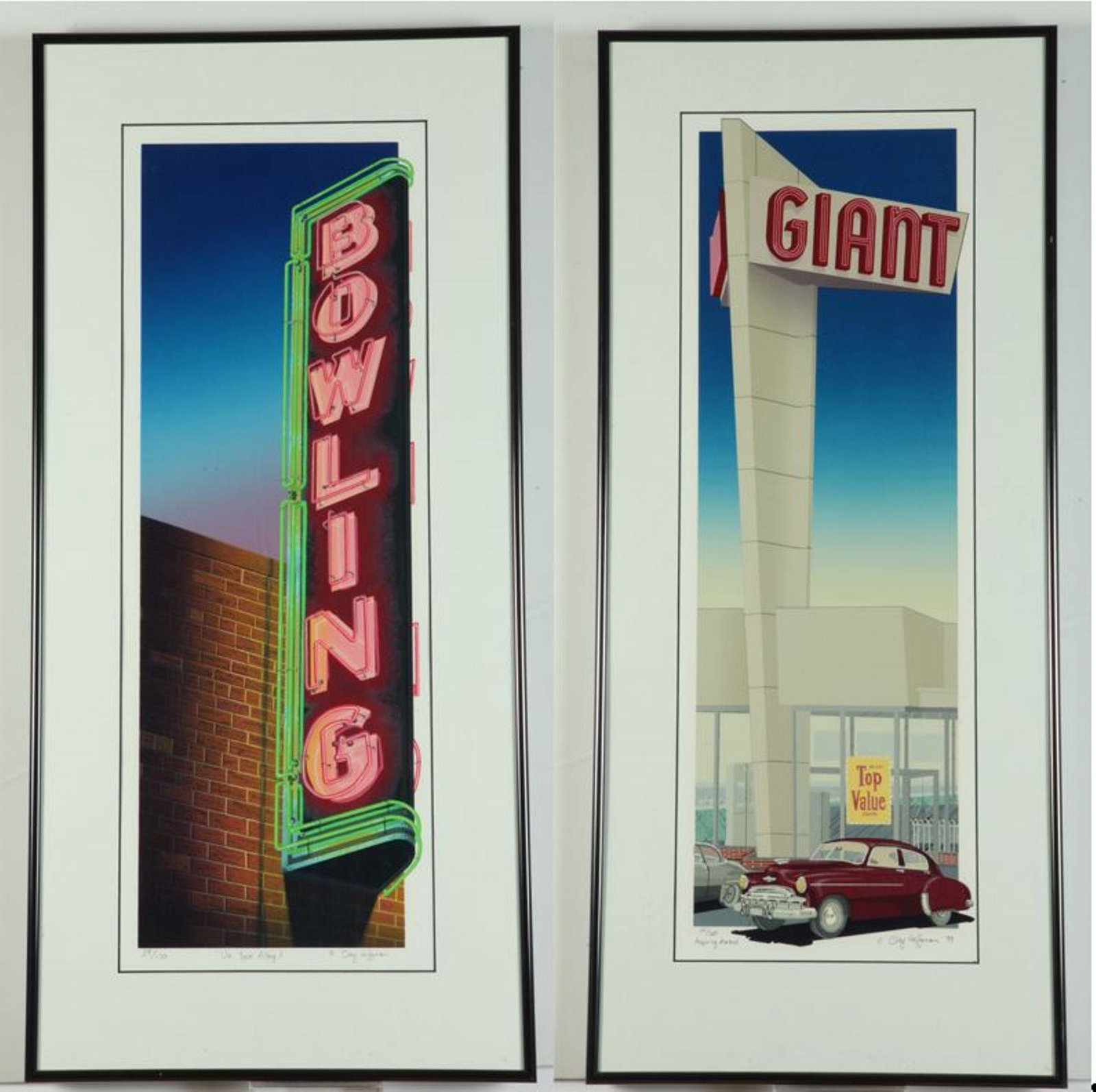 CLAY HUFFMAN (American, 1957 - 2001). Pair: "Up Your Alley" undated and "Aspiring Market," 1990,: CLAY HUFFMAN (American, 1957 - 2001). Pair: "Up Your Alley" undated and "Aspiring Market," 1990, Pair of limited edition silkscreens in colors. "Aspiring Market" is pencil numbered 141 of an edition o