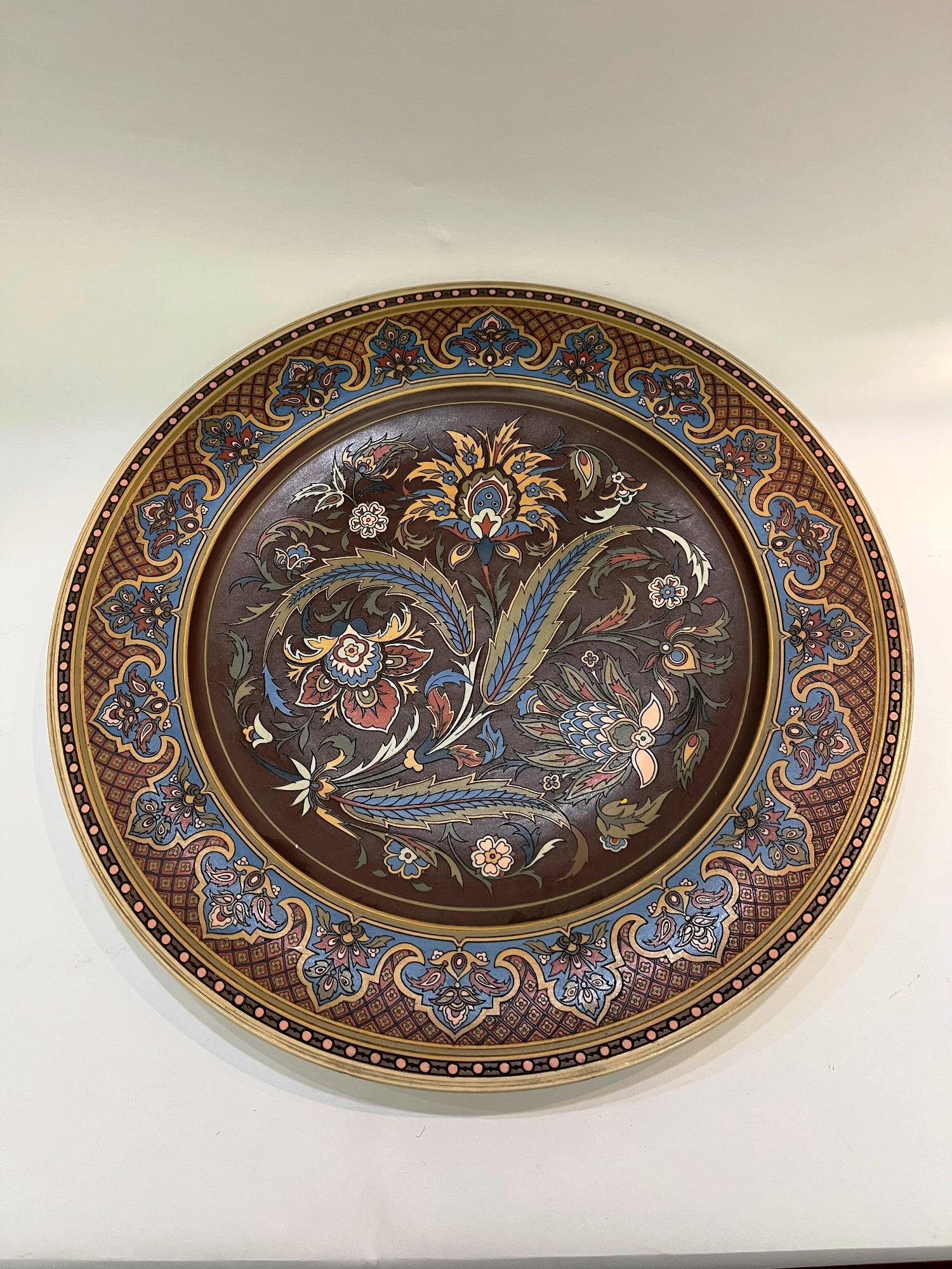 PAIR 19TH-CENTURY CASTLE METTLACH POLYCHROME CERAMIC CHARGERS. - D: 21 1/4". (1 of 14)