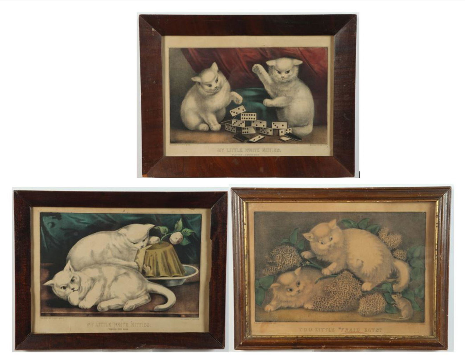 CURRIER & IVES (American, 1834-1907). Three Colorful Cat Engravings, Late 19th Century colored (1 of 4)