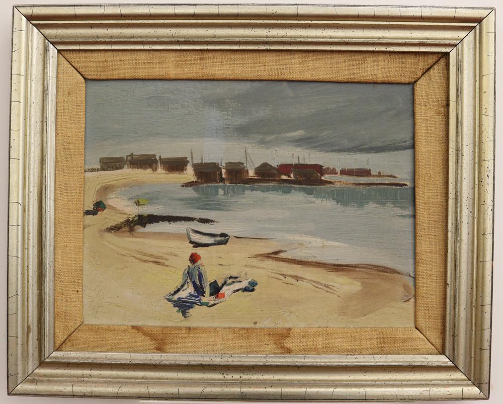 AMERICAN SCHOOL (Early 20th Century). Day at the Beach, Oil on canvas. Unsigned. Framed. (1 of 3)