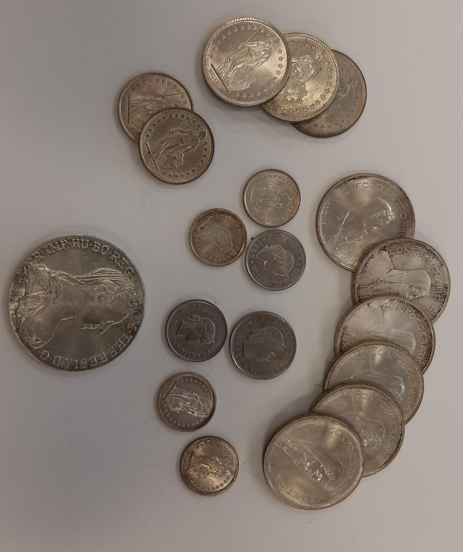 18TH CENTURY AUSTRIAN SILVER COIN, 1780, AND 18 SWISS COINS, 1950S-60S. (1 of 1)