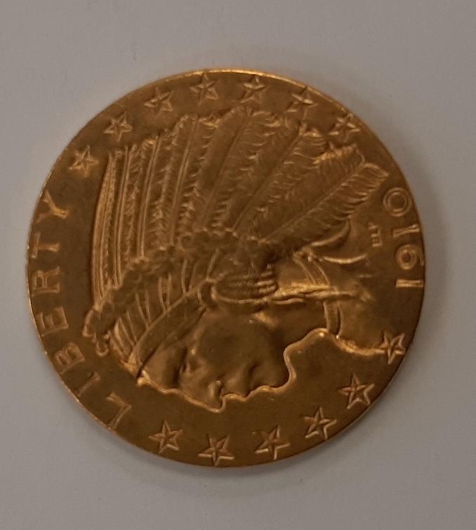 U.S. INDIAN HEAD FIVE-DOLLAR GOLD COIN, 1910-S. (1 of 3)