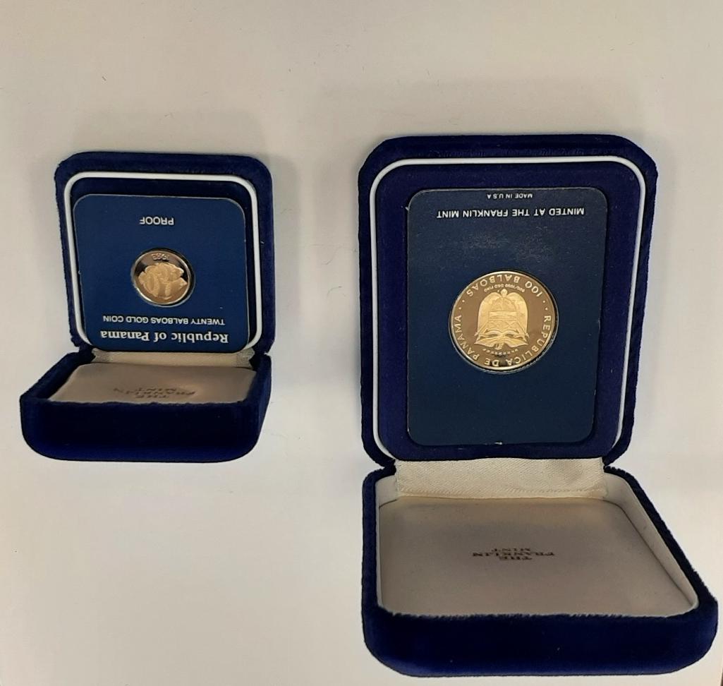 TWO REPUBLIC OF PANAMA GOLD PROOF COOINS. One, 100-Balboas, 1979, 900-1000 -fine; one 20-Balboas, (1 of 1)