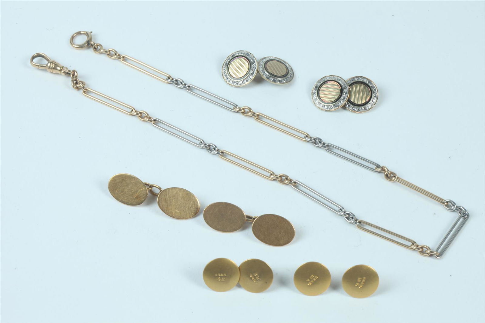 GENTLEMAN'S EDWARDIAN 14K YELLOW AND WHITE GOLD WATCH CHAIN, WITH TWO PAIRS GOLD CUFFLINKS AND SET (1 of 1)