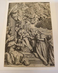 AGOSTINO CARRACCI (Italian, 1557-1602). The mystic marriage of St Catherine, with angels playing: AGOSTINO CARRACCI (Italian, 1557-1602). The mystic marriage of St Catherine, with angels playing musical instruments. 1582, Engraving after a painting by Paolo Veronese (Italian 1528-1588). Inscriptio