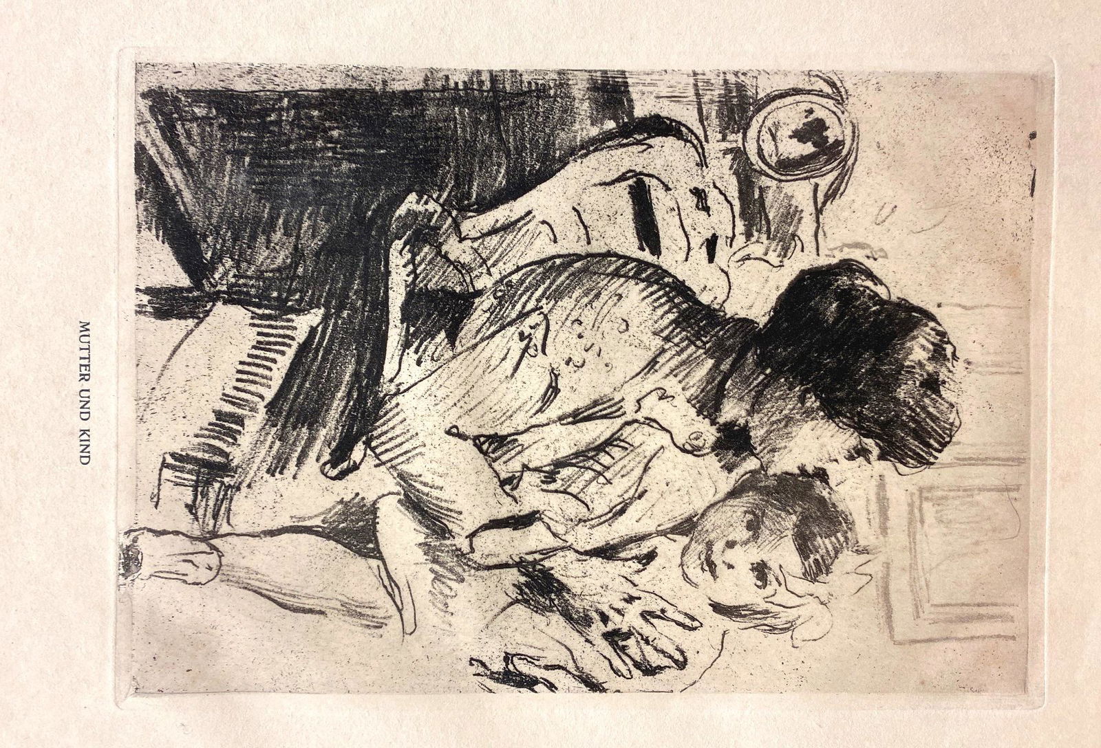 LOVIS CORINTH (German, 1858-1925). Mother and Child (Mutter und Kind), 1911, Soft-ground etching in: LOVIS CORINTH (German, 1858-1925). Mother and Child (Mutter und Kind), 1911, Soft-ground etching in black on wove paper. Unframed. Note: The artwork is not glued down to a hard surface; it is mounted