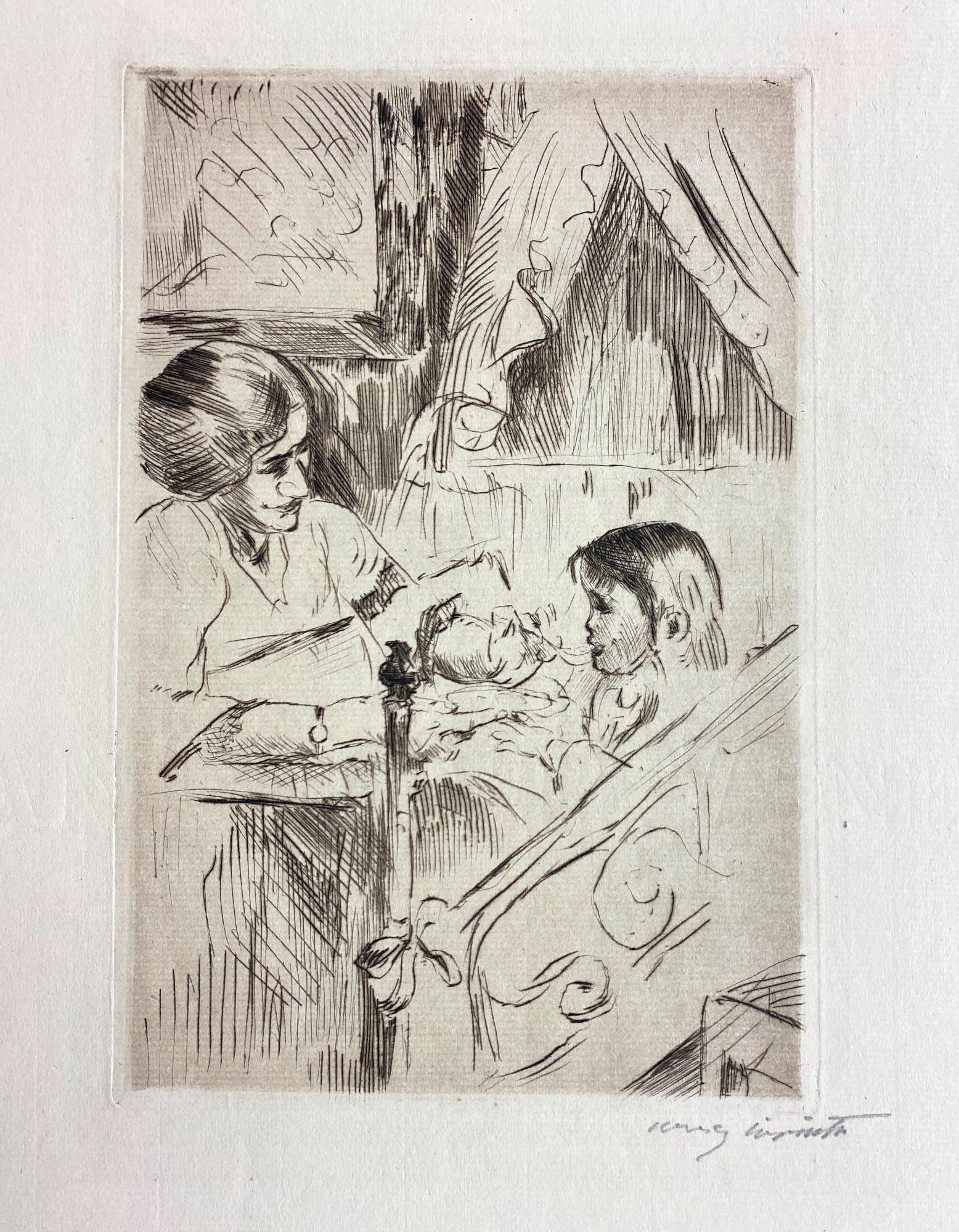 LOVIS CORINTH (German, 1858-1925). Kind im Bett und Mutter, 1913, Drypoint on paper. Pencil signed: LOVIS CORINTH (German, 1858-1925). Kind im Bett und Mutter, 1913, Drypoint on paper. Pencil signed lower right hand corner. Unframed. Note: The artwork is not glued down to a hard surface; it is mount