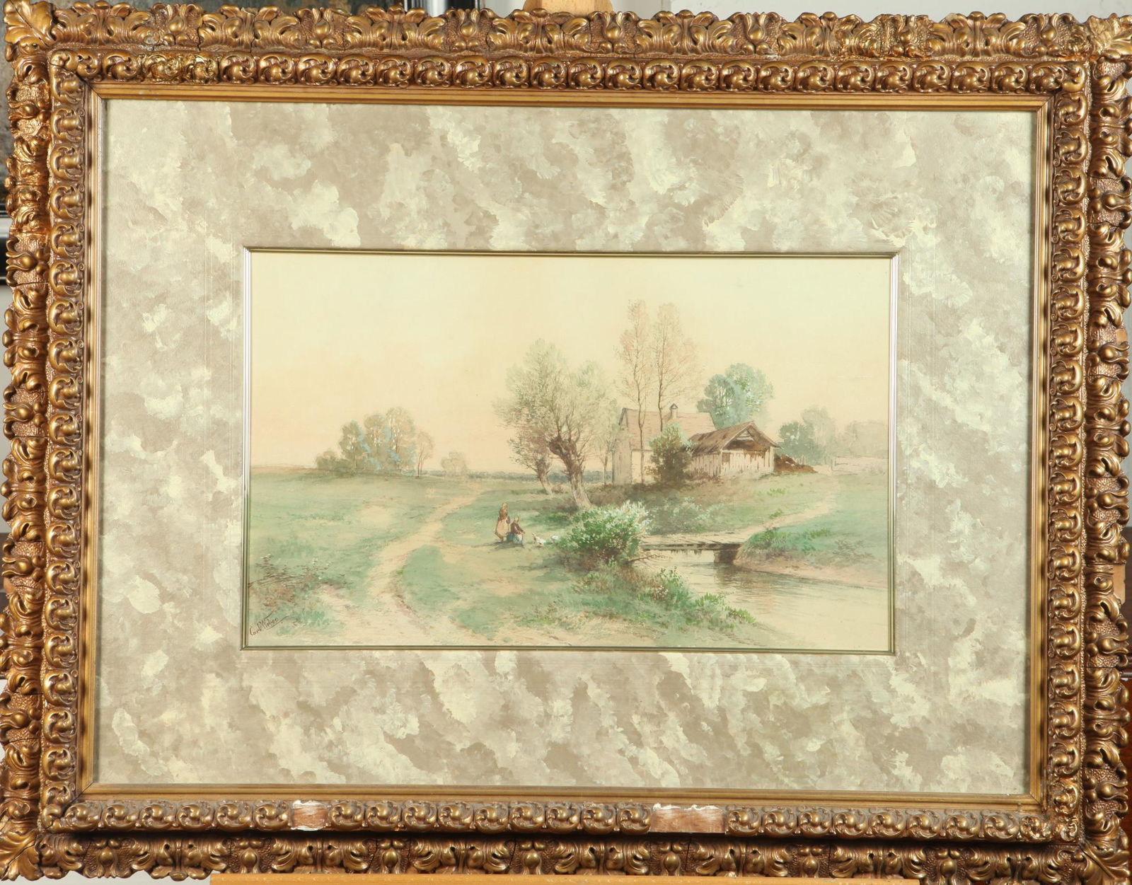 CARL WEBER (German, 1855 - 1935). Pastoral Spring Landscape, Watercolor on paper. Signed and dated (1 of 3)