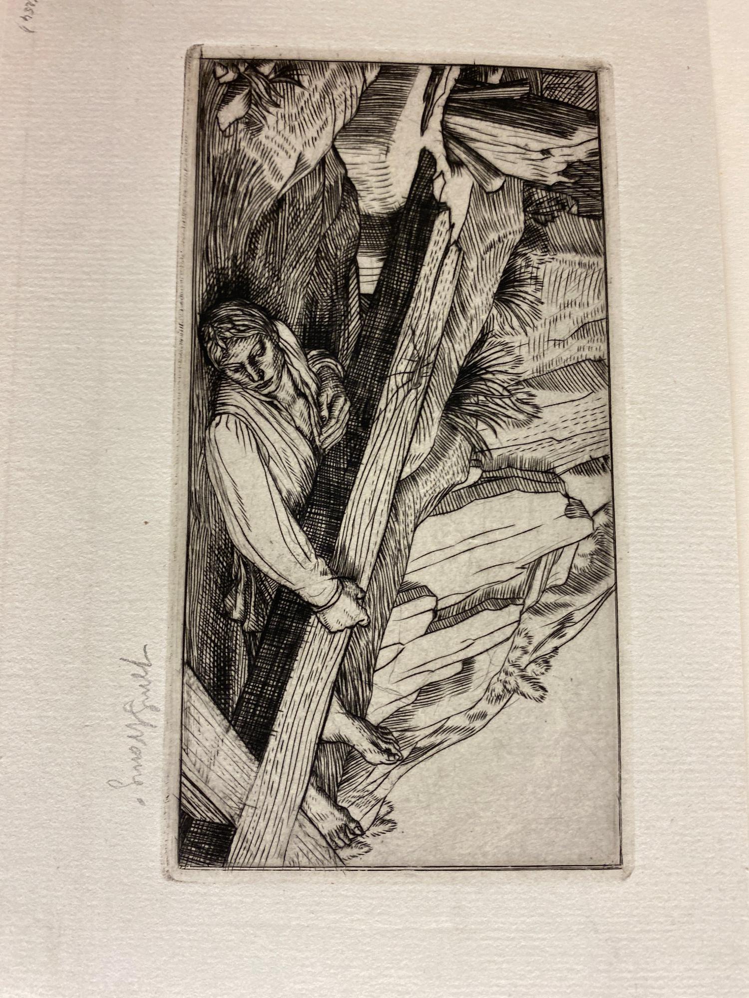 WILLIAM STRANG (Scottish, 1859-1921). Michael Below Cross, circa 1895, Etching included in the book:: WILLIAM STRANG (Scottish, 1859-1921). Michael Below Cross, circa 1895, Etching included in the book: "The Christ upon the Hill: a Ballad" by William Cosmo Monkhous (British poet, 1840-1902). Pencil si