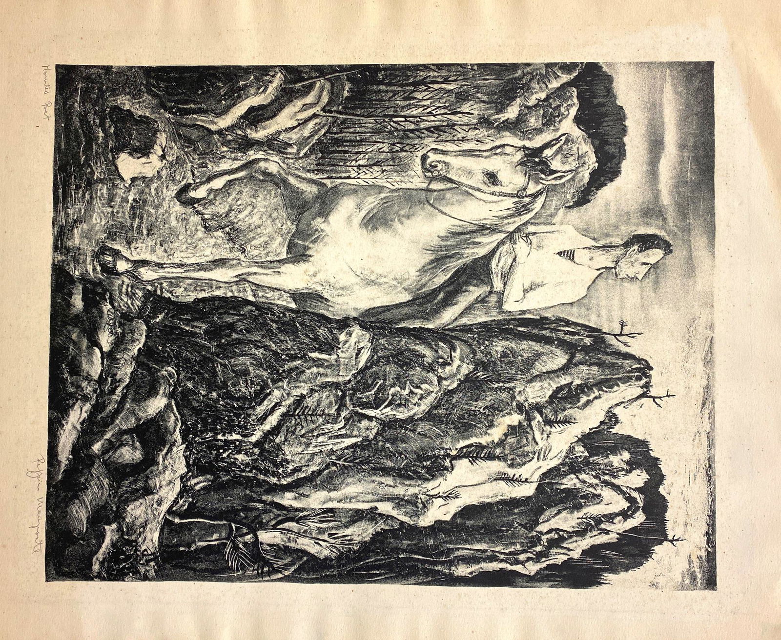 PEPPINO MANGRAVITE (American 1896-1978,). Mounted Poet, circa 1947, lithograph on paper. Pencil: PEPPINO MANGRAVITE (American 1896-1978,). Mounted Poet, circa 1947, lithograph on paper. Pencil signed and titled at base. Unframed. Note: The artwork is not glued down to a hard surface; it is mounte