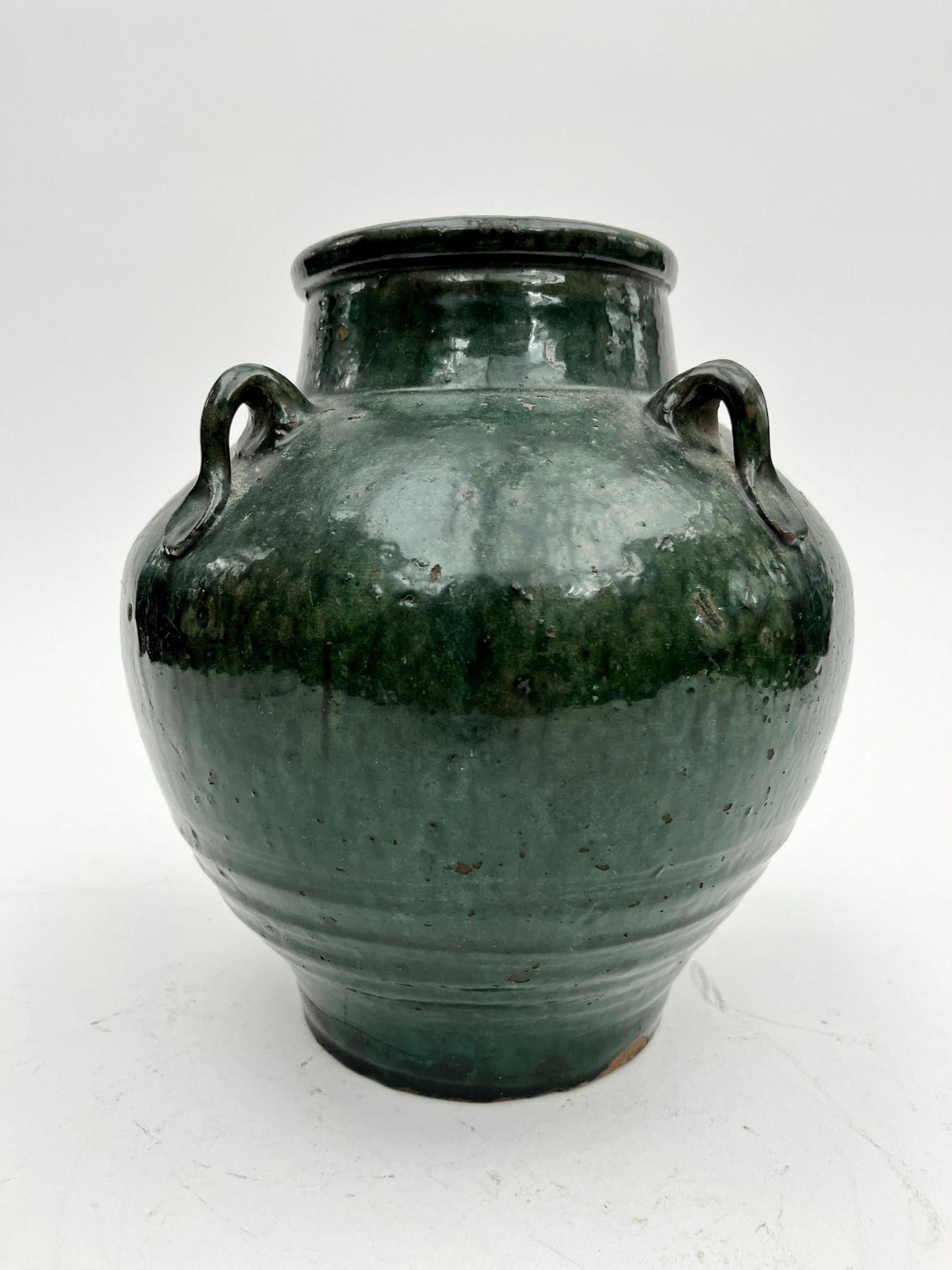 CHINESE BLACK-GREEN GLAZED POTTERY JAR WITH FOUR LOOP HANDLES AT NECK, - H: 10 in. (1 of 5)