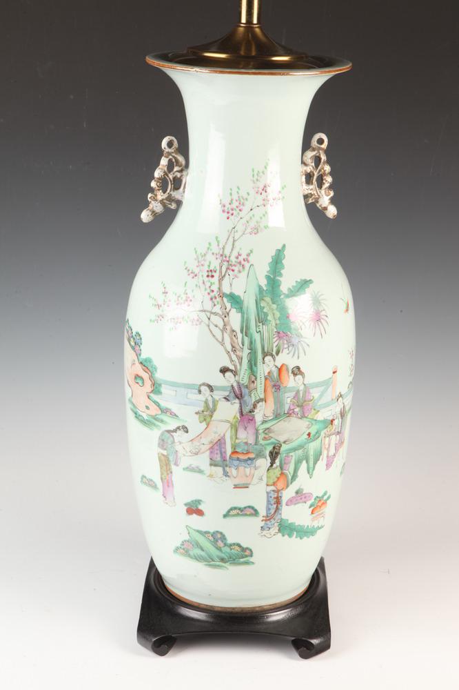 CHINESE FAMILLE ROSE/FAMILLE VERTE TWO-HANDLE BALUSTER-FORM VASE MOUNTED AS A TABLE LAMP, 19th (1 of 1)