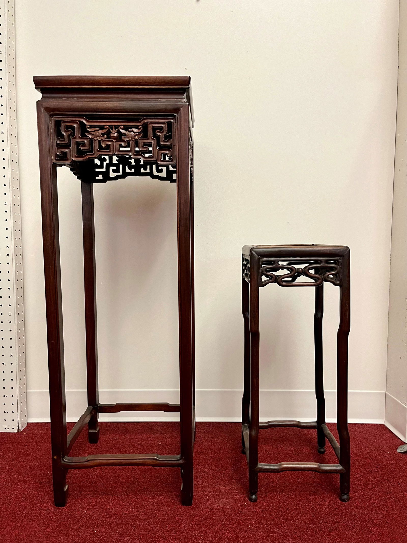 TWO CHINESE CARVED TEAKWOOD SQUARE-TOP TABOURETS, (1 of 13)