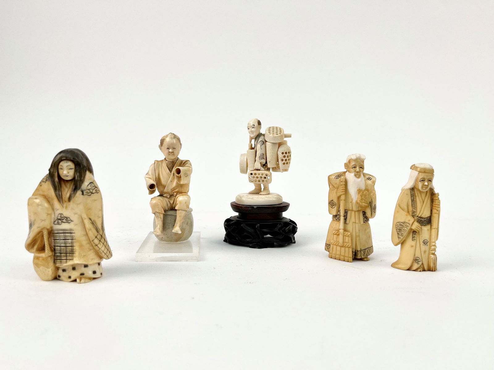FIVE ASSORTED JAPANESE MINIATURE CARVINGS . - Tallest, H: 3 1/4 in. (1 of 20)