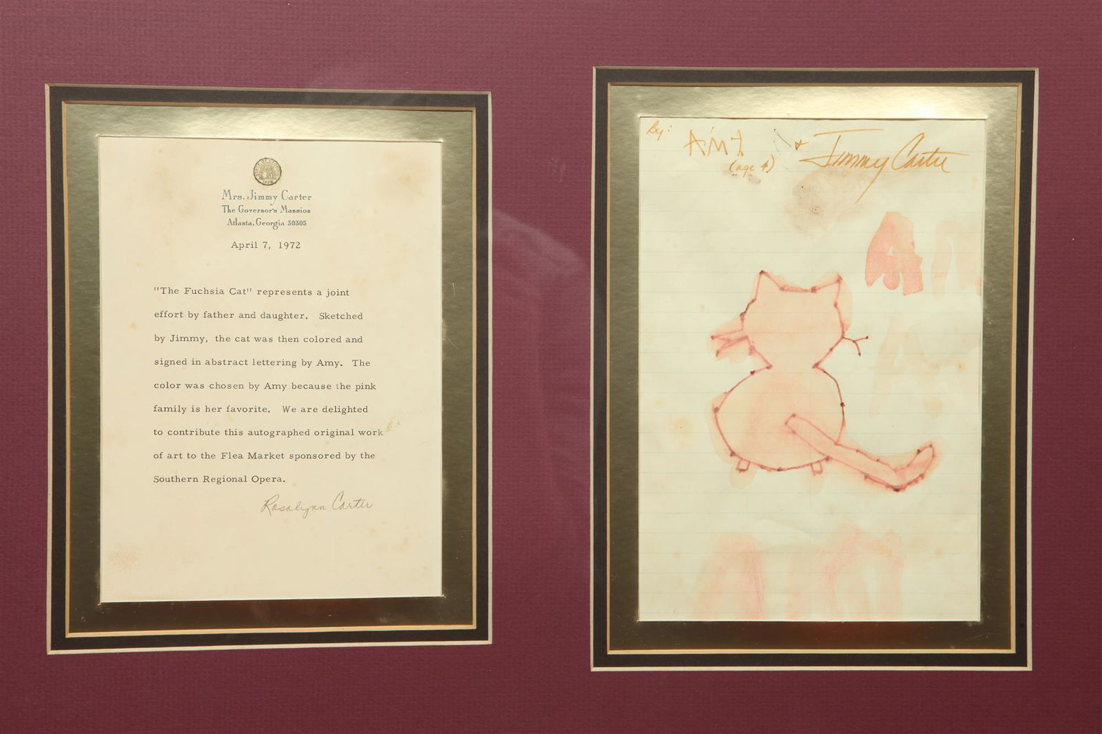 JIMMY CARTER. AUTOGRAPH SIGNED AND COLORED DRAWING OF "FUCHSIA" CAT. Also signed by Amy Carter. (1 of 1)