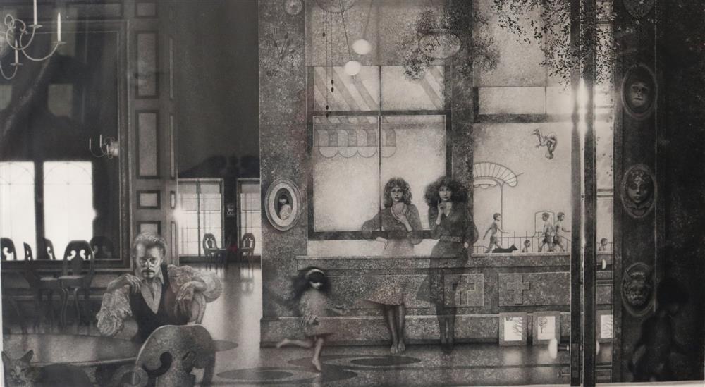 PETER MILTON (American, born 1930). American Interior I: Family Reunion, 1984, Limited edition: PETER MILTON (American, born 1930). American Interior I: Family Reunion, 1984, Limited edition etching and engraving numbered 112 of an edition of 175. Pencil titled, numbered, dated and signed at bas