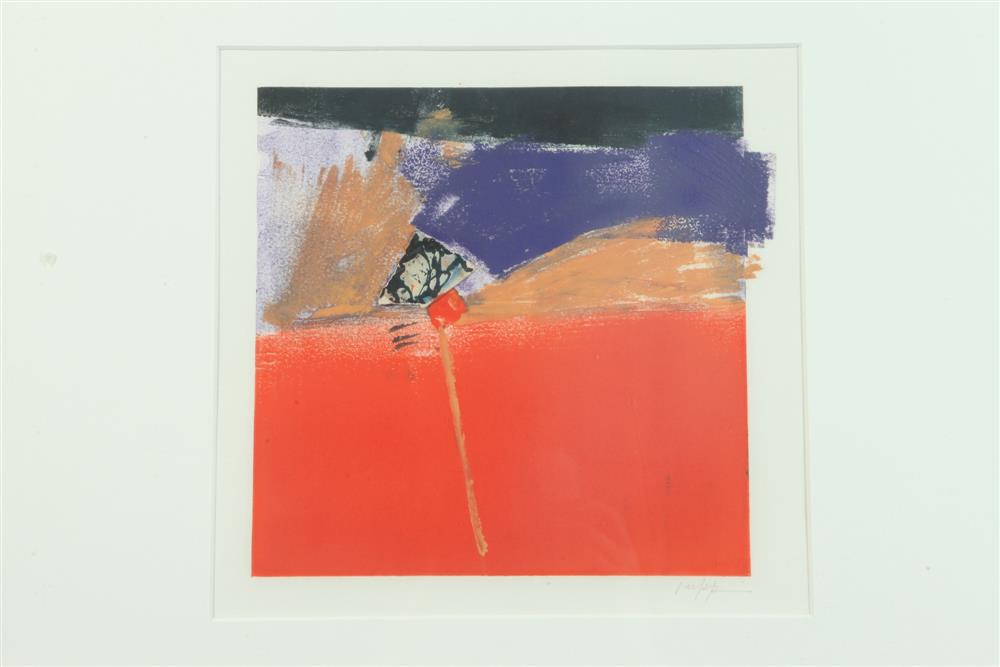 CAROL J RUPP (American, 20th Century). Breaking Barriers, Monotype with collage. Pencil signed: CAROL J RUPP (American, 20th Century). Breaking Barriers, Monotype with collage. Pencil signed "Rupp" lower right hand corner. Framed. Not examined out of frame. - 9 x 9 in; frame: 20 x 20 in