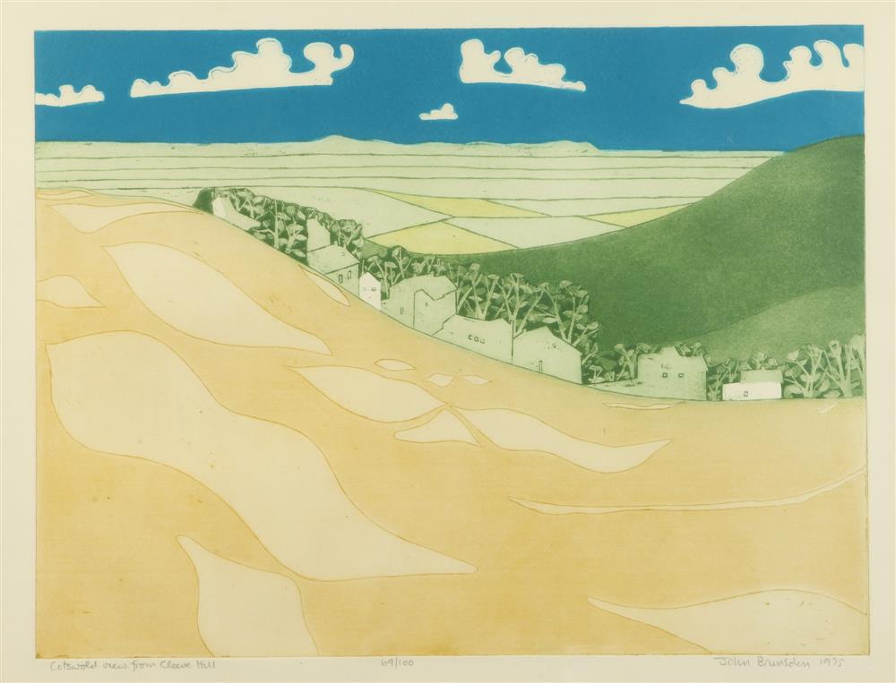 JOHN BRUNSDON (British, born 1933). Cotswold view from Cleeve Hill, Limited edition colour etchings (1 of 3)
