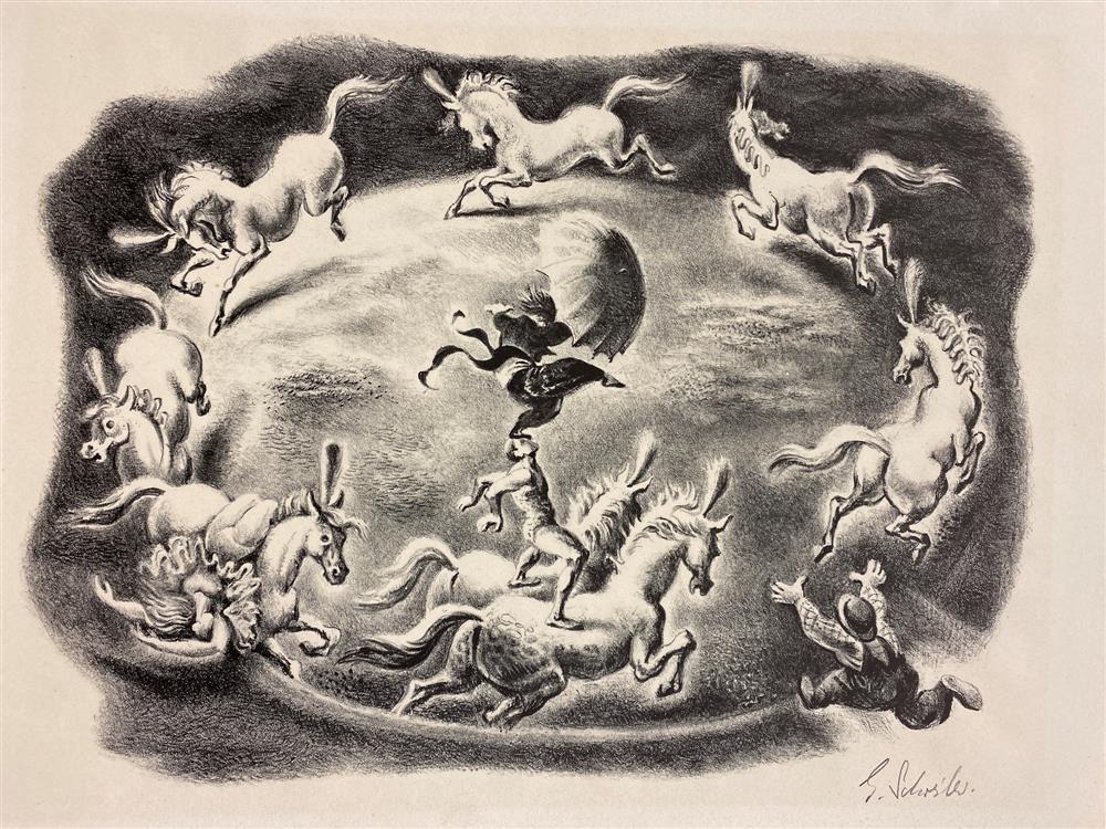 GEORGES SCHREIBER (Belgium /American, 1904 - 1977). Circular Motion, circa 1940, Lithograph. Pencil: GEORGES SCHREIBER (Belgium /American, 1904 - 1977). Circular Motion, circa 1940, Lithograph. Pencil signed lower right corner. Artwork was likely published by the "Associated American Artists." In thi