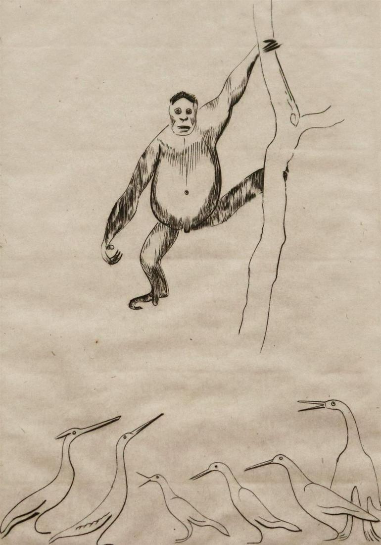 JOSEPH HECHT (Polish / French, 1891-1951). Singe PerchÃ© (Perched Ape), circa 1926, Limited edition: JOSEPH HECHT (Polish / French, 1891-1951). Singe PerchÃ© (Perched Ape), circa 1926, Limited edition egraving on pale blue paper numbered 19 of an edition of 30. Pencil numbered ("19=30") and signed