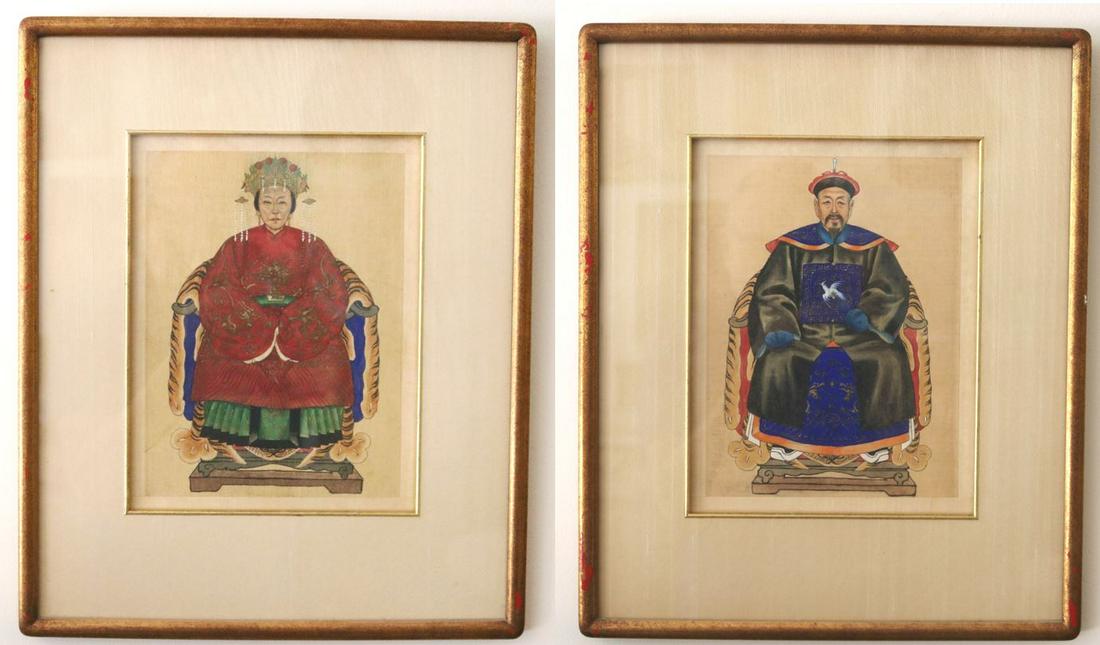 PAIR FRAMED CHINESE WATERCOLOR ANCESTOR PORTRAITS. (1 of 16)