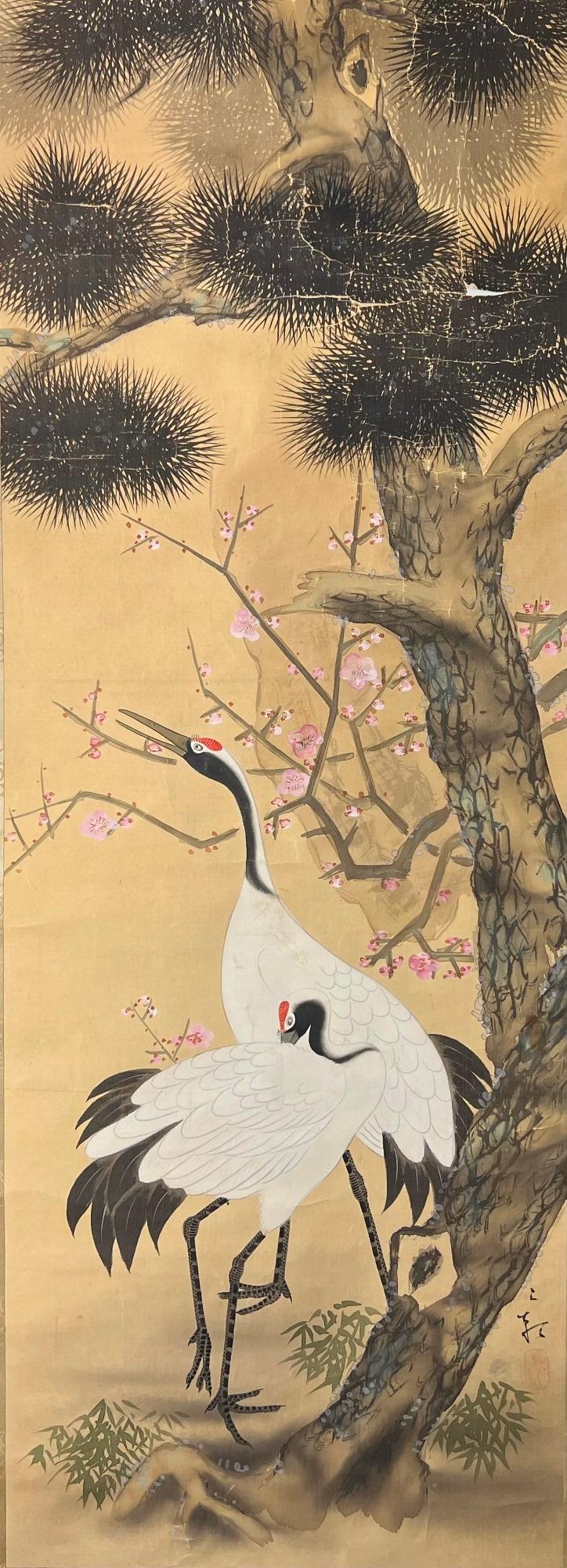 JAPANESE SCROLL OF RED-CROWNED CRANES AND PINE TREE. , - Image: 42 x 16 in (total 76 x 21 in). (1 of 2)