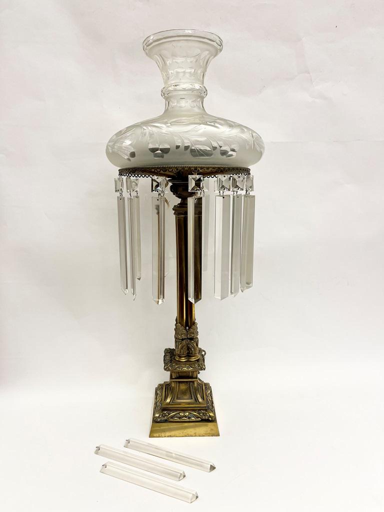 CAST BRONZE/BRASS PARLOUR LAMP WITH ETCHED AND FROSTED GLASS SHADE, SUSPENDING CRYSTAL LUSTERS. - (1 of 15)