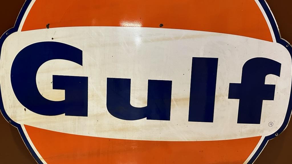 1960S ENAMELED METAL "GULF" LOGO GAS STATION SIGN. - 73 in. x 79 in. (1 of 4)