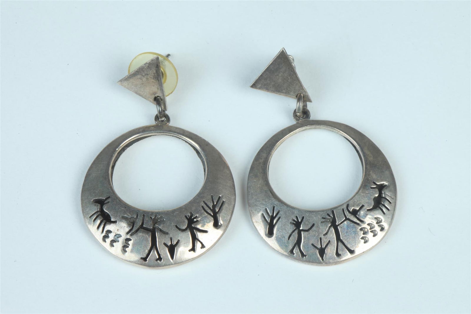 PAIR MID-CENTURY MODERN MEXICAN SILVER DANGLE-HOOP, POST-BACK EARRINGS, (1 of 1)