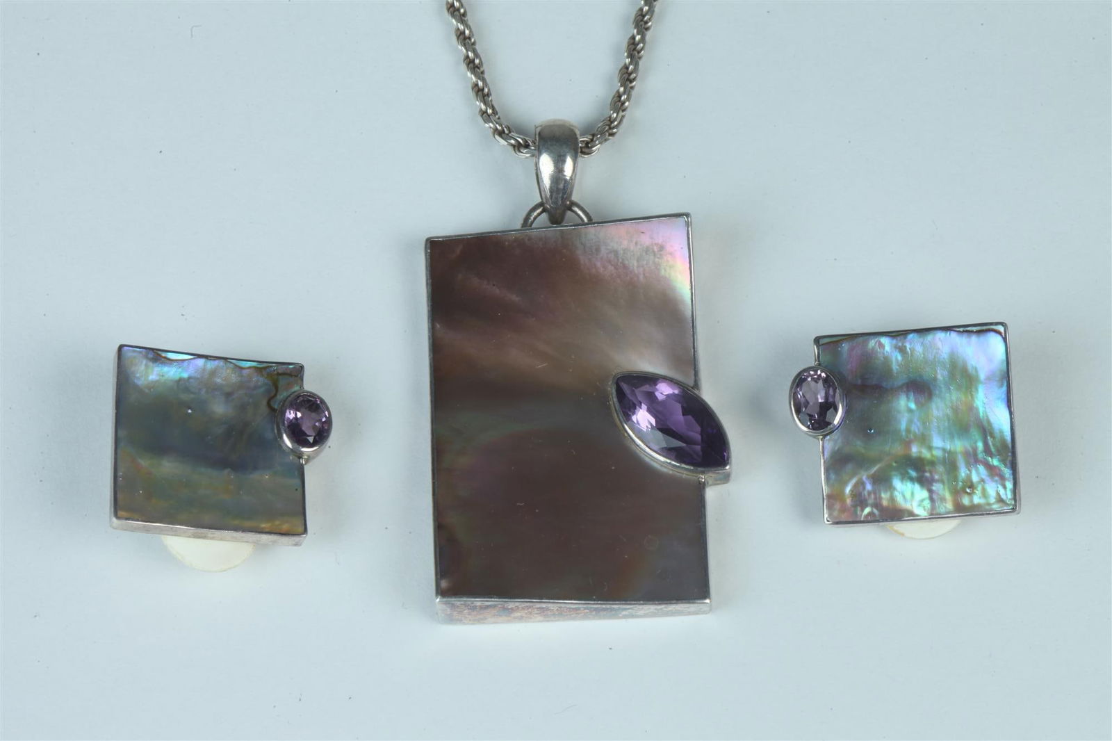 SIGNED MARTA HOWELL CONTEMPORARY STERLING SILVER, MOTHER-OF-PEARL AND AMETHYST RECTANGULAR PENDANT (1 of 1)