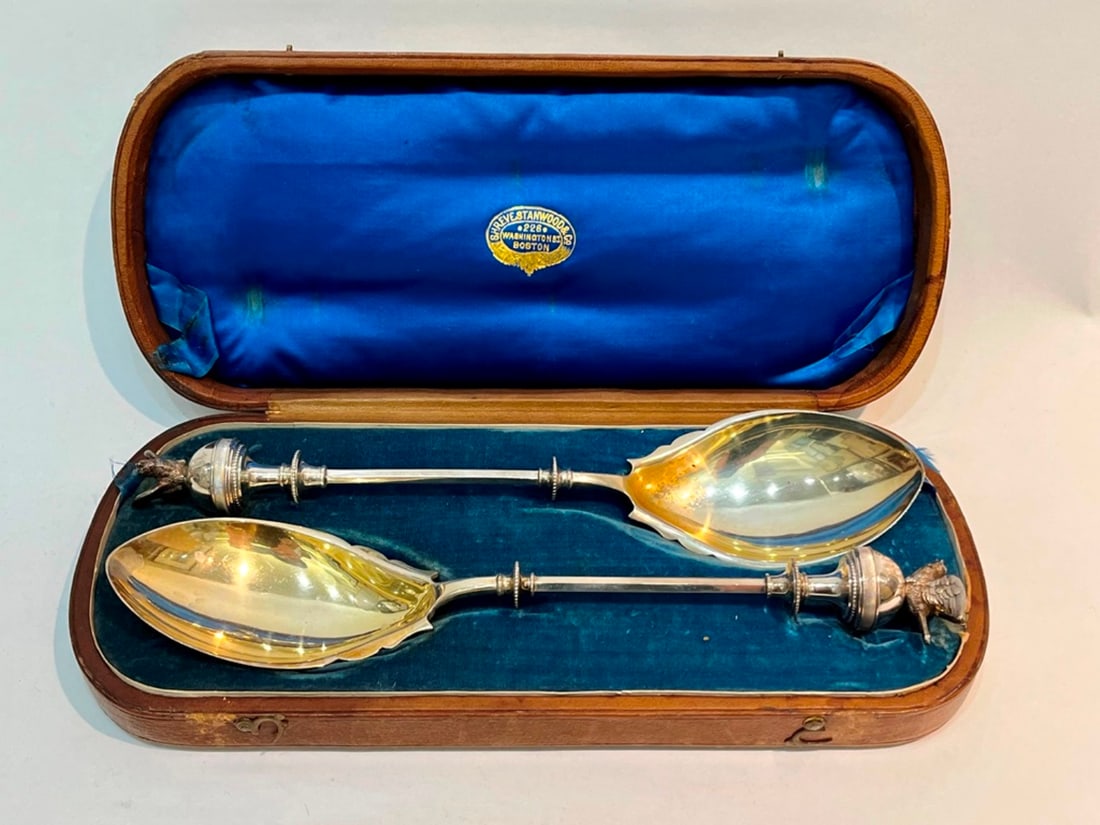 PAIR VICTORIAN SHREVE STANWOOD & CO. STERLING SILVER SERVING SPOONS. - L: 9 5/8"; Wt: 5.4 troy oz. (1 of 13)