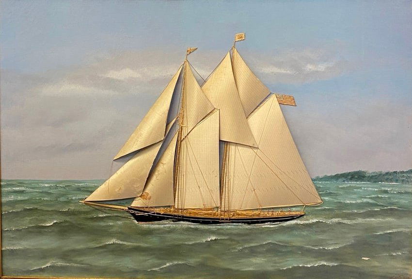 THOMAS WILLIS (American, 1845-1925). The American Schooner "Magic," circa 1907, Oil on canvas with (1 of 15)