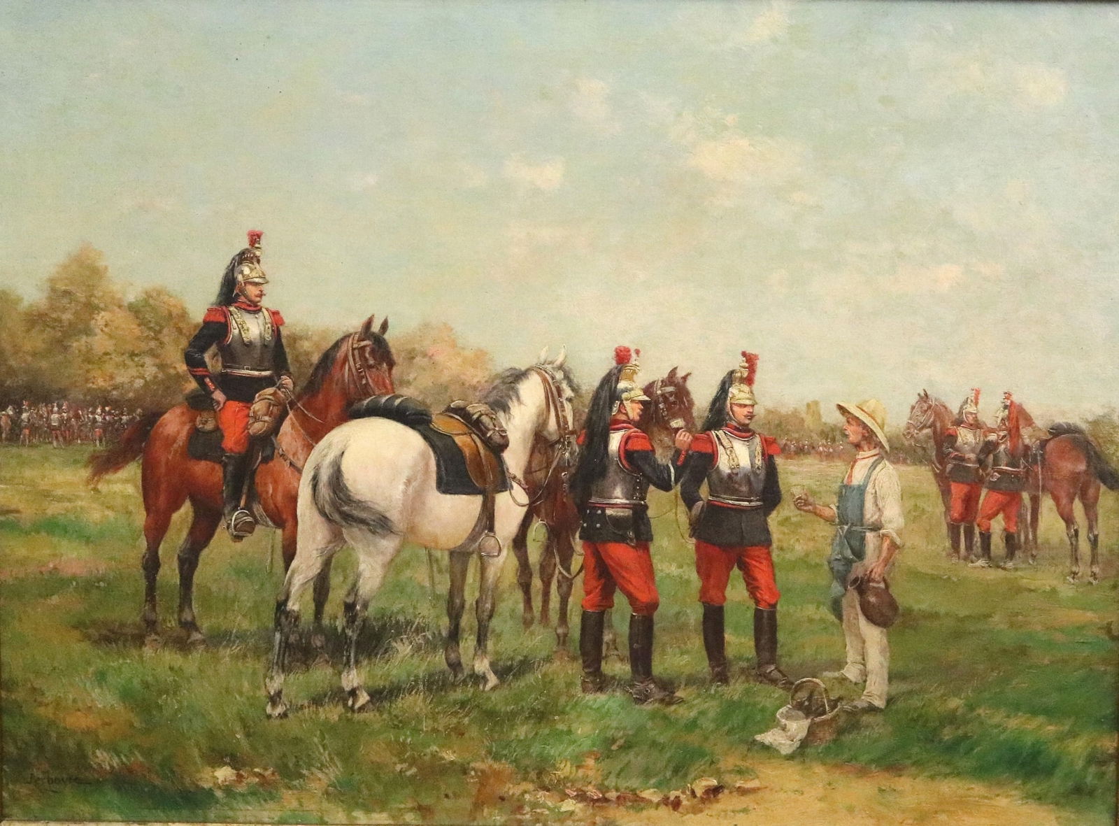 PAUL EMILE LEON PERBOYRE (French, 1851-1929). FRENCH ARMY CUIRASSIERS RECEIVING REFRESHMENT FROM: PAUL EMILE LEON PERBOYRE (French, 1851-1929). FRENCH ARMY CUIRASSIERS RECEIVING REFRESHMENT FROM LOCAL, Oil on canvas. Signed lower left hand corner. Framed. - Sight: 18.25 x 24.5 inches