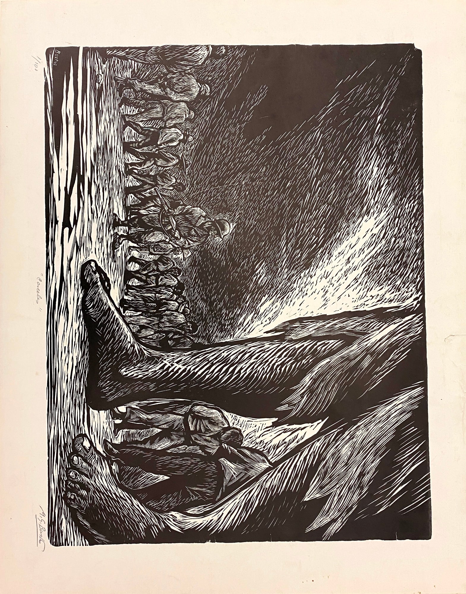 ARTURO GARCIA BUSTOS (Mexican, 1926 - 2017). Carceles, circa 1955, Limited edition linocut numbered (1 of 12)